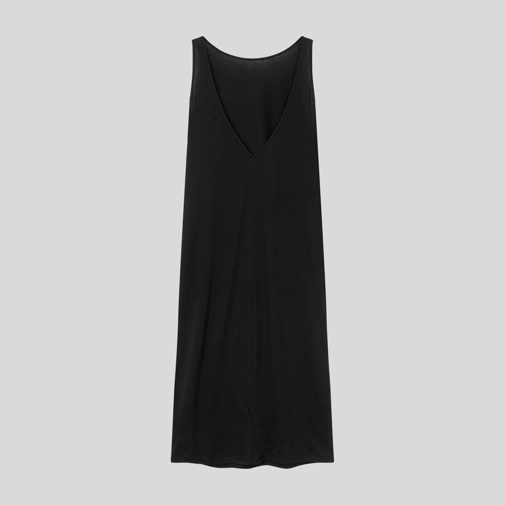Long black nightgown with an open back.