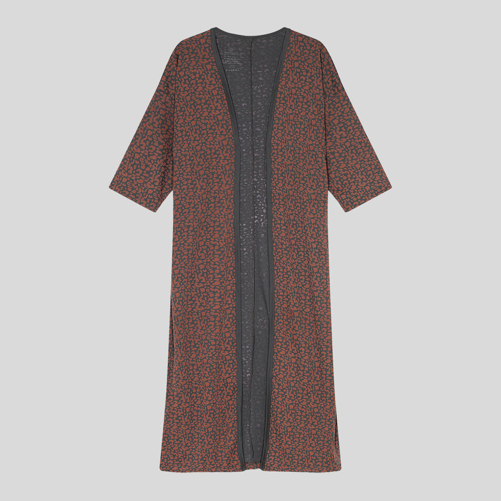 Extra long cardigan kimono with 2/3 sleeves and leopard pattern in brown