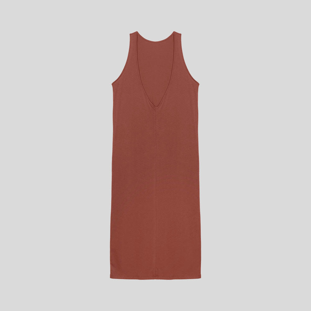 Long nightgown with an open back. No sleeves. color rust. 100% organic pima cotton.