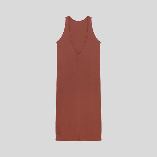 Long nightgown with an open back. No sleeves. color rust. 100% organic pima cotton.