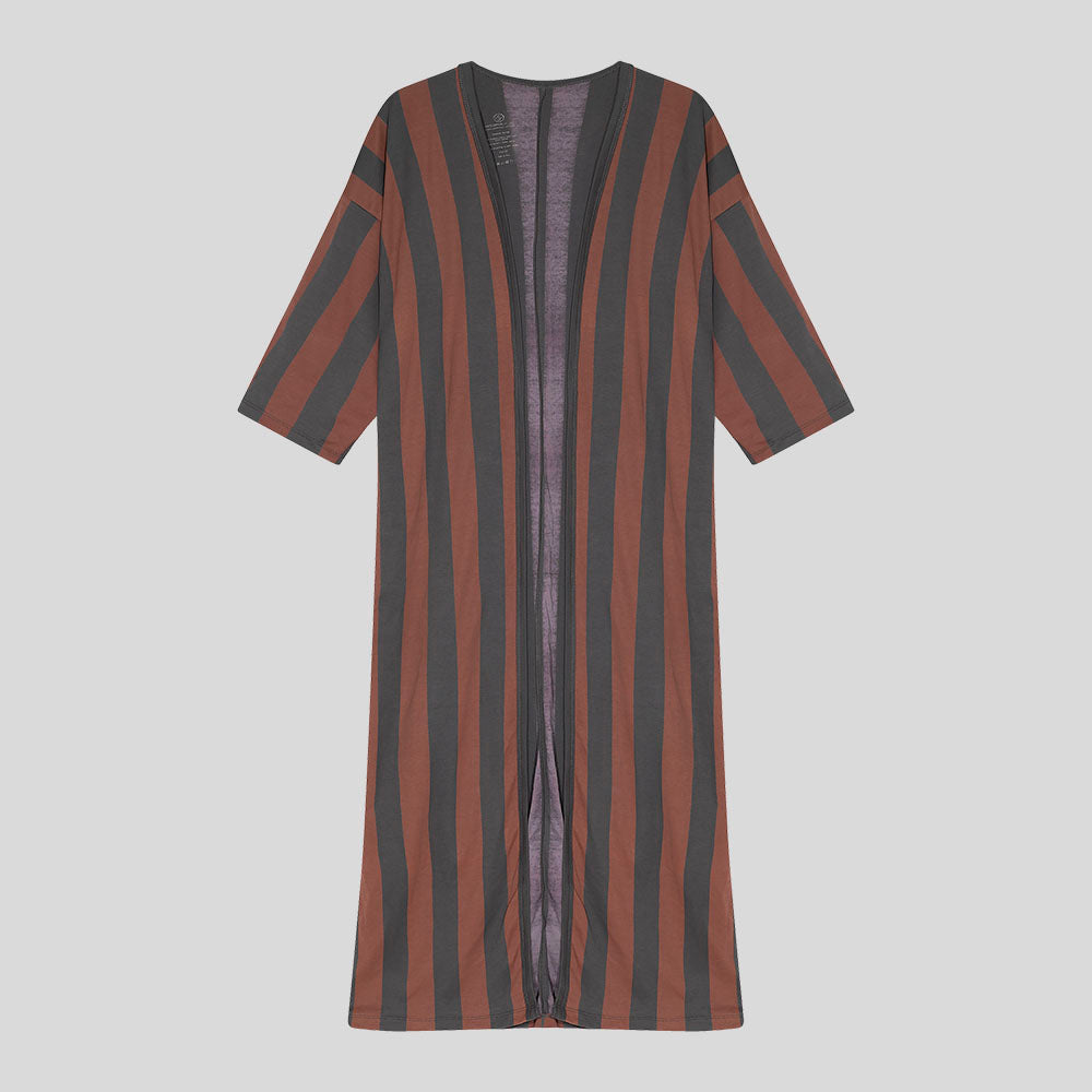 Extra-long kimono cardigan, with 2/3 sleeves. Vertical stripes in brown & dark grey