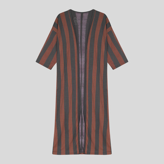 Extra-long kimono cardigan, with 2/3 sleeves. Vertical stripes in brown & dark grey