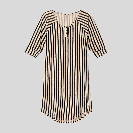 Nightgown in vertical stripes (beige/black) with three chest buttons. Organic Pima Cotton