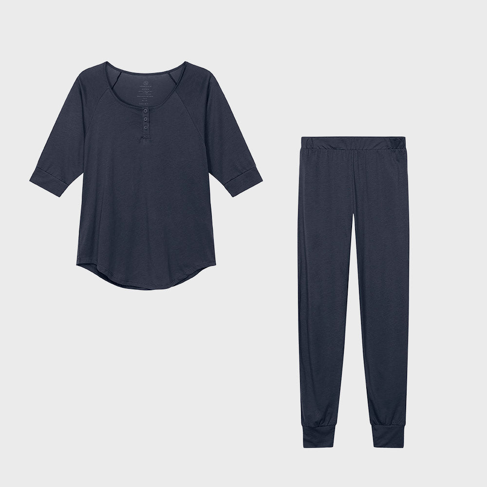 Organic Pima cotton pyjamas set in dark blue color, from The Sleepy Collection