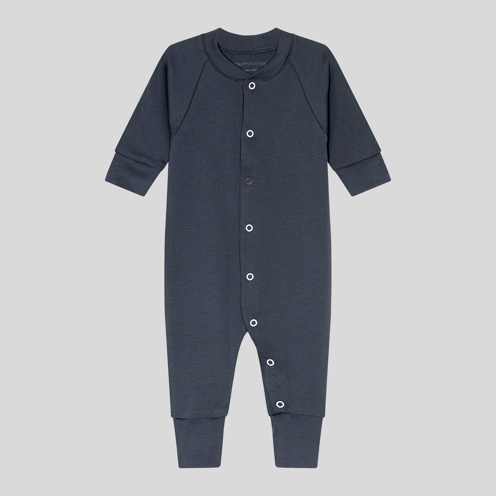 Baby sleepsuit in dark grey(midnight blue), with white snaps and a front opening (third snap in brown)