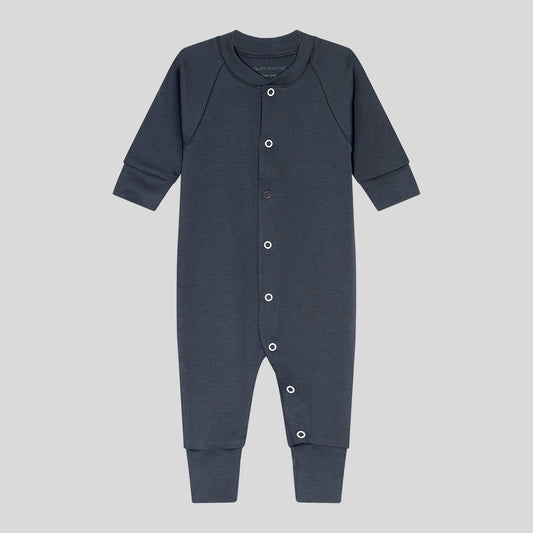 Baby sleepsuit in dark grey(midnight blue), with white snaps and a front opening (third snap in brown)