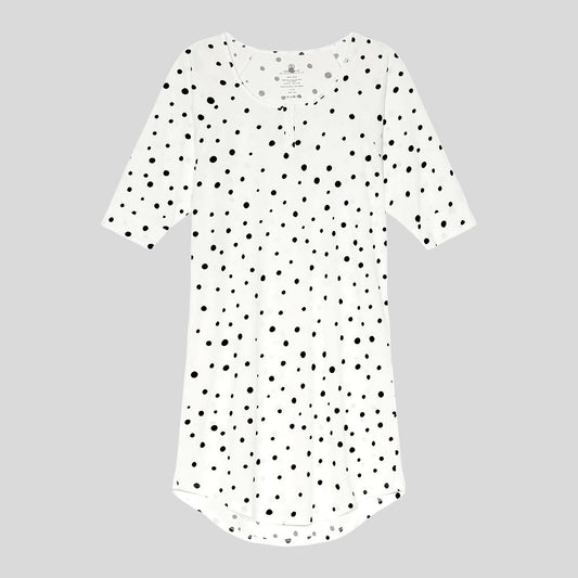 Knee long nightgown with 3/4 sleeves and 3 buttons in front. Color white, with black polka dots